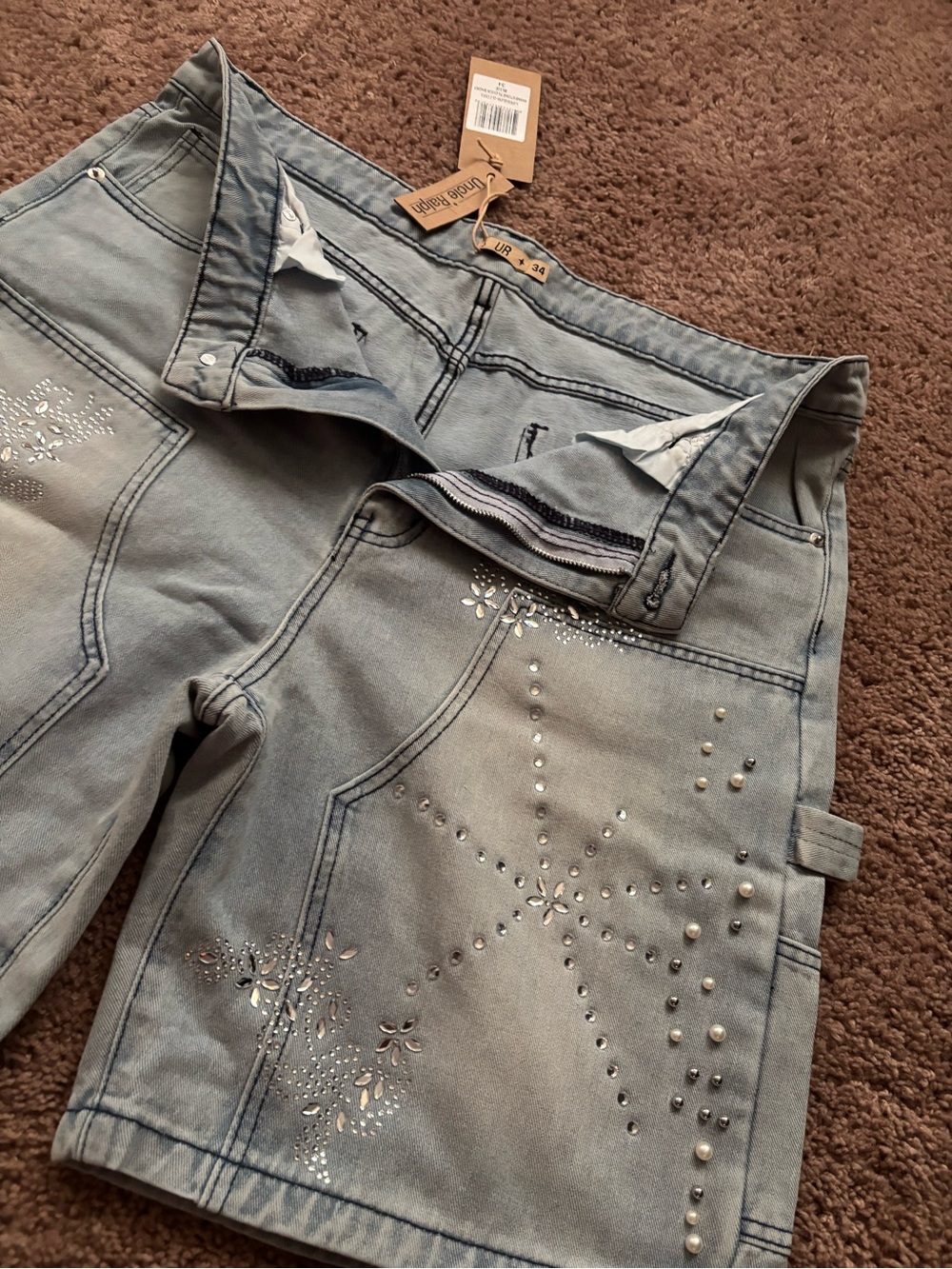 Men’s Light Blue Embellished Jeans Shorts